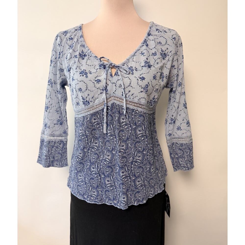 VTG 90s Y2K Lace V-neck Babydoll Top Floral Medium P Peasant Boho Bell Sleeve